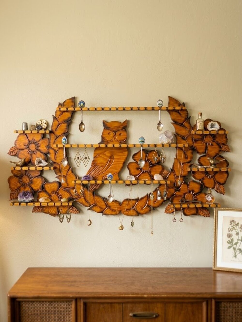 Vintage Carved Wood Owl Floral Wall Display Shelf - Signed Richard Preston